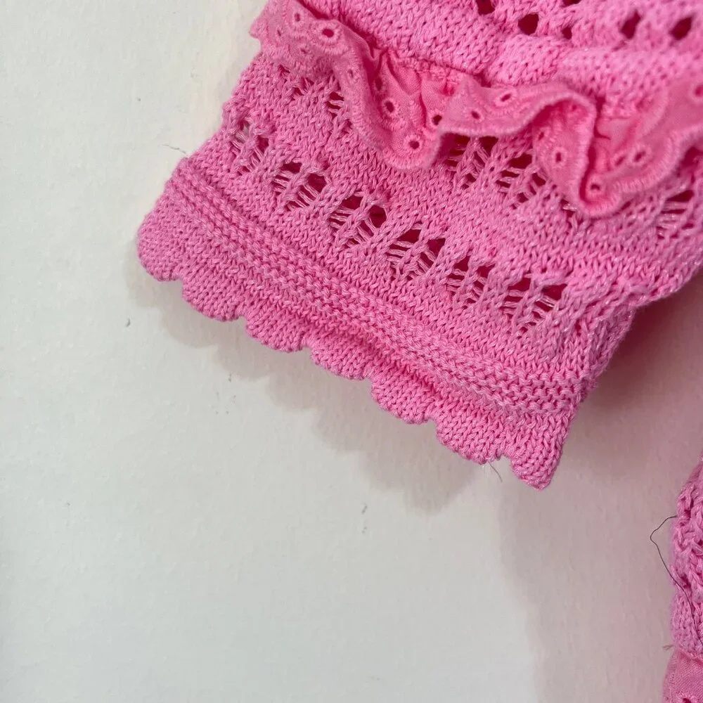 NEW ZARA Pink Cotton Knit Crochet Crop Top: Cottagecore Cardigan - Picture 13 of 16
